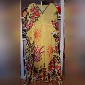 Tropical Floral Yellow Women's Kaftan with Drawstring